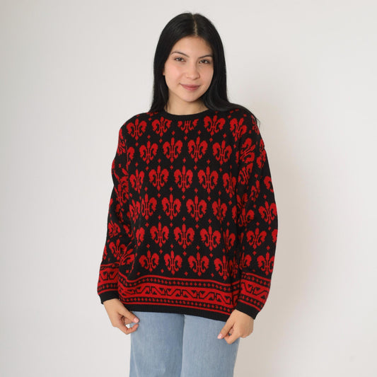 90s Fleur De Lis Geometric Knit Sweater Red Black Pullover Medium