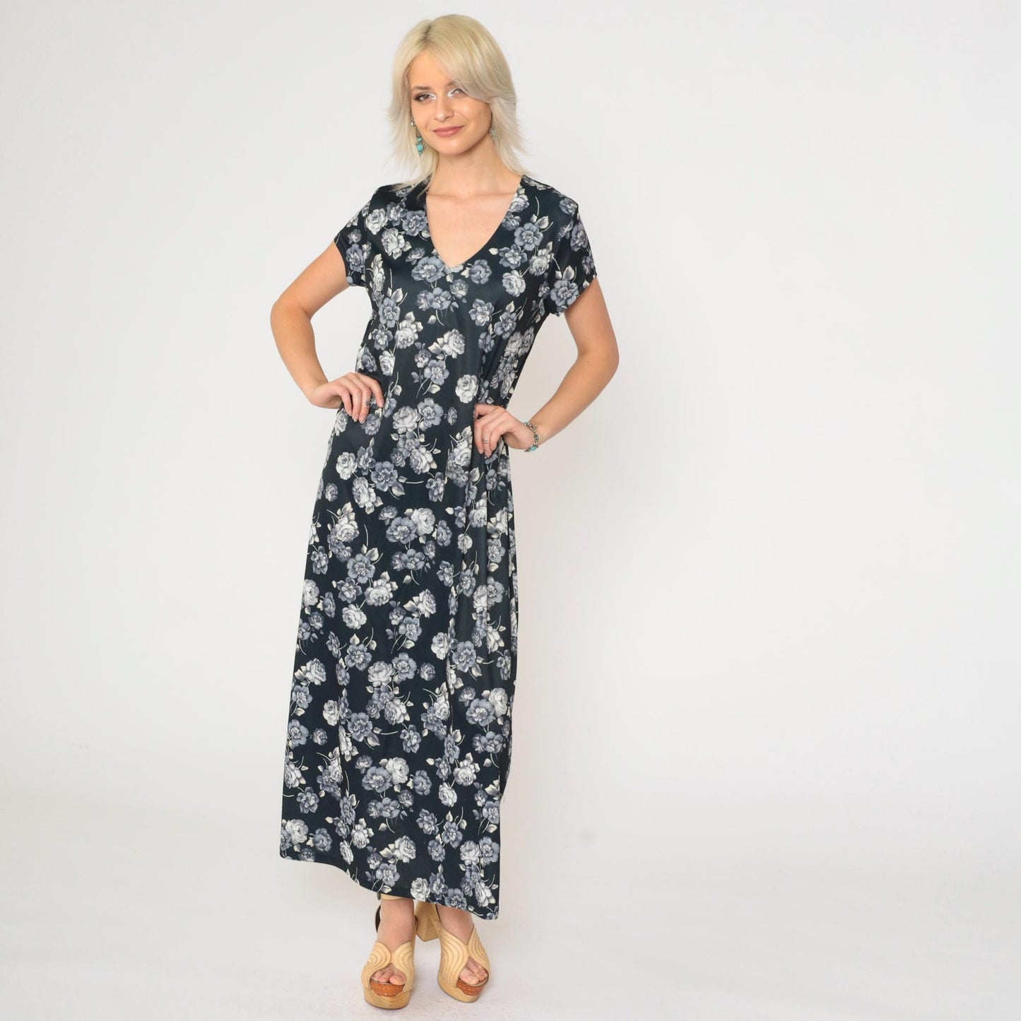 90s No Boundaries Black Floral Maxi Dress Rose Print V-Neck Short Sleeve Large L