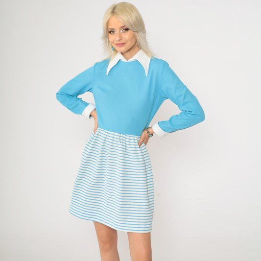 70s Vicky Vaughn Mini Dress Blue Striped Contrast Collar Long Sleeve Small