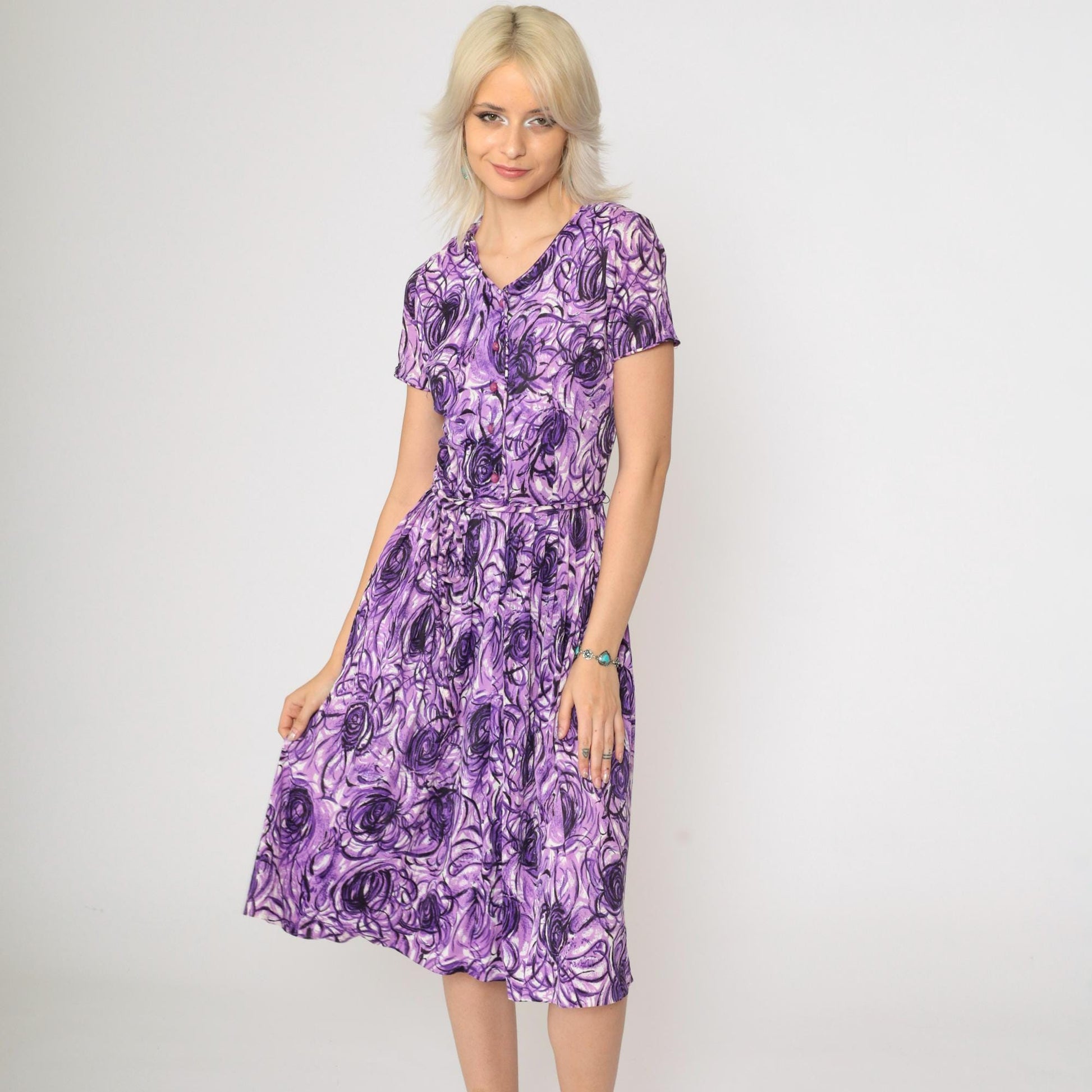 60s Purple Abstract Swirl Midi Shirtdress High Waist Button Up Extra Small