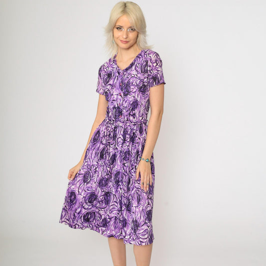 60s Purple Abstract Swirl Midi Shirtdress High Waist Button Up Extra Small