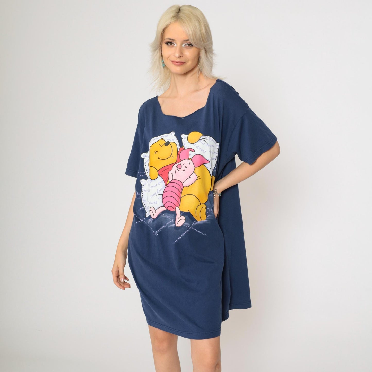 90s Winnie The Pooh Piglet Pajama Dress Disney Mini Navy Blue XXL Plus Size