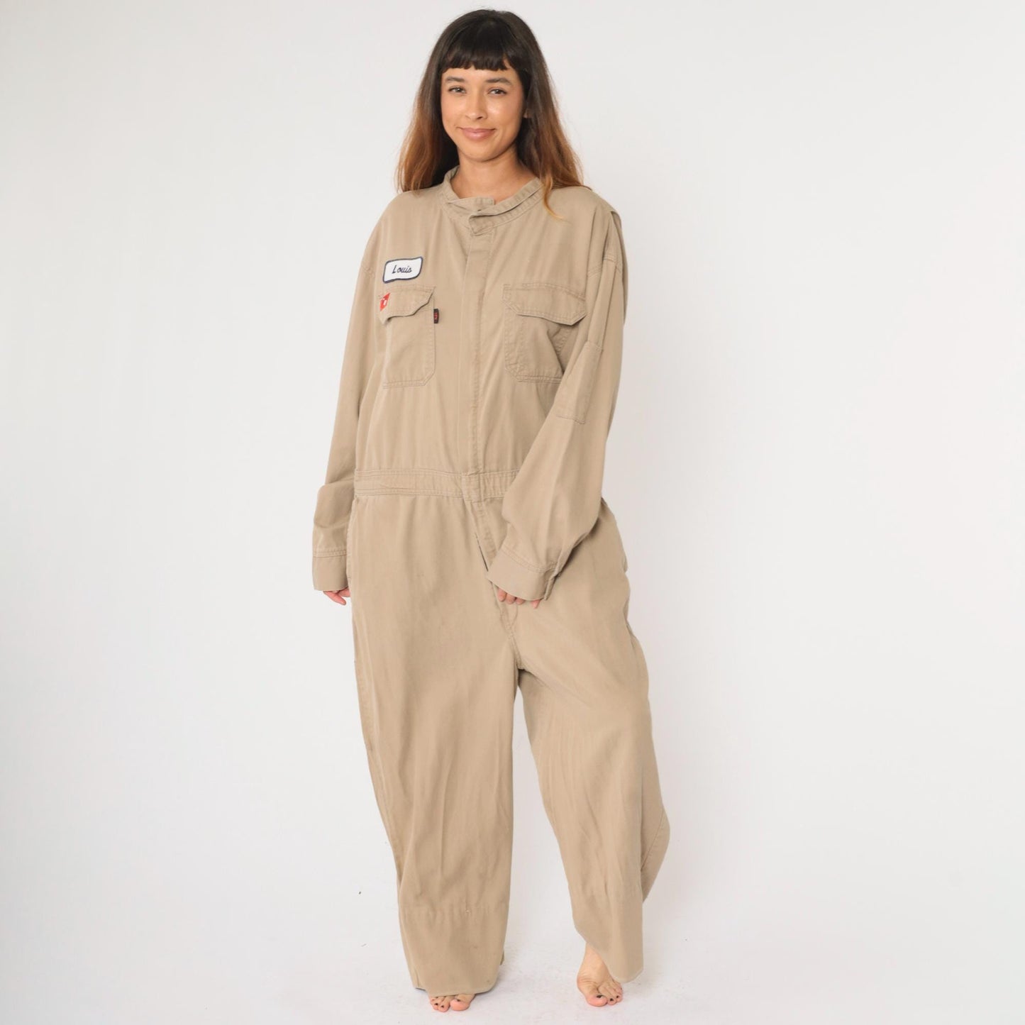 Y2K Tan Flame Resistant Coveralls Louis Patch Flight Suit Men's 48 Regular