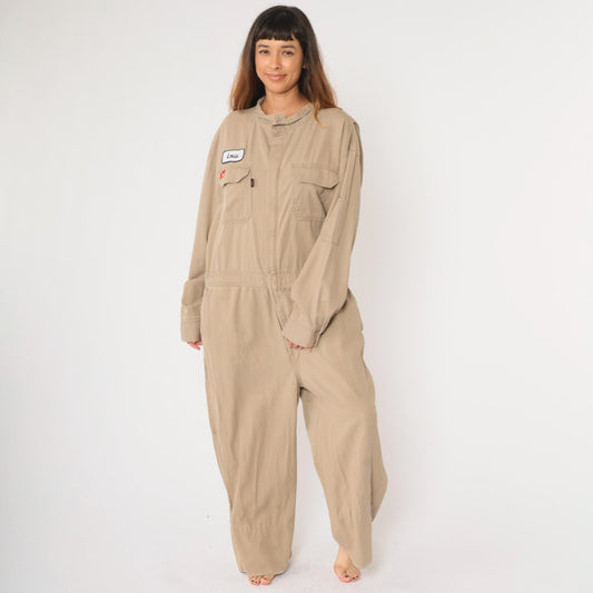 Y2K Tan Flame Resistant Coveralls Louis Patch Flight Suit Men's 48 Regular