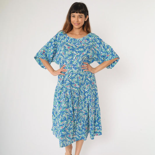 90s Fish Print Midi Dress Blue Abstract Cotton High Waist Half Sleeve Large L
