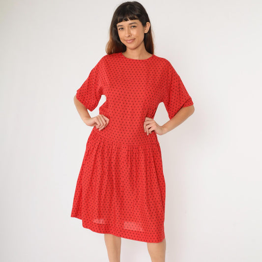 80s Geometric Diamond Print Midi Dress Red Drop Waist Short Sleeve Medium Large