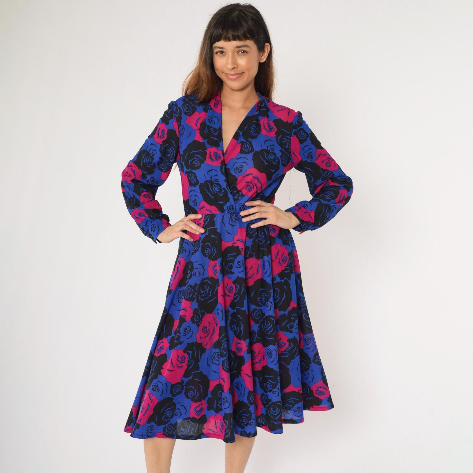 80s Floral Wrap Dress Midi Long Sleeve High Waist Blue Pink Rose Print Medium
