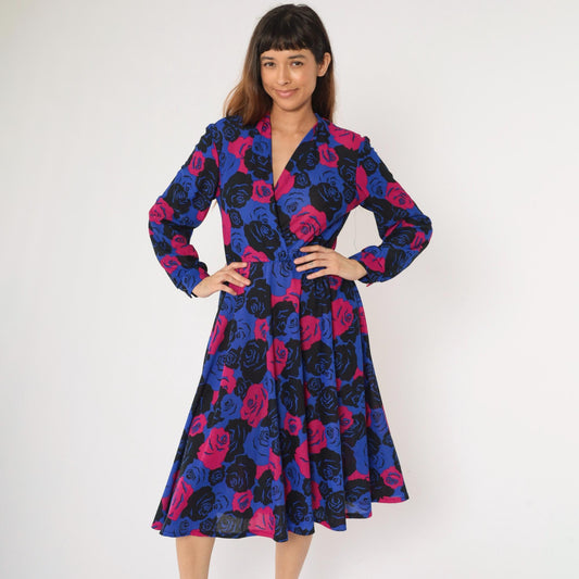 80s Floral Wrap Dress Midi Long Sleeve High Waist Blue Pink Rose Print Medium