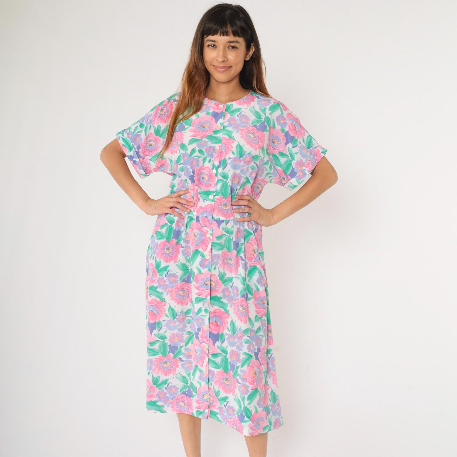 80s Floral Midi Shirtdress Pink Purple Green Button-Up Short Sleeve Medium