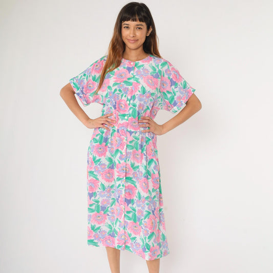 80s Floral Midi Shirtdress Pink Purple Green Button-Up Short Sleeve Medium