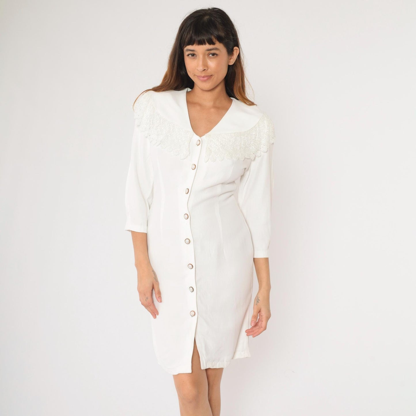 90s White Mini Dress Lace Collar Button-Up Sheath 3/4 Sleeve Medium