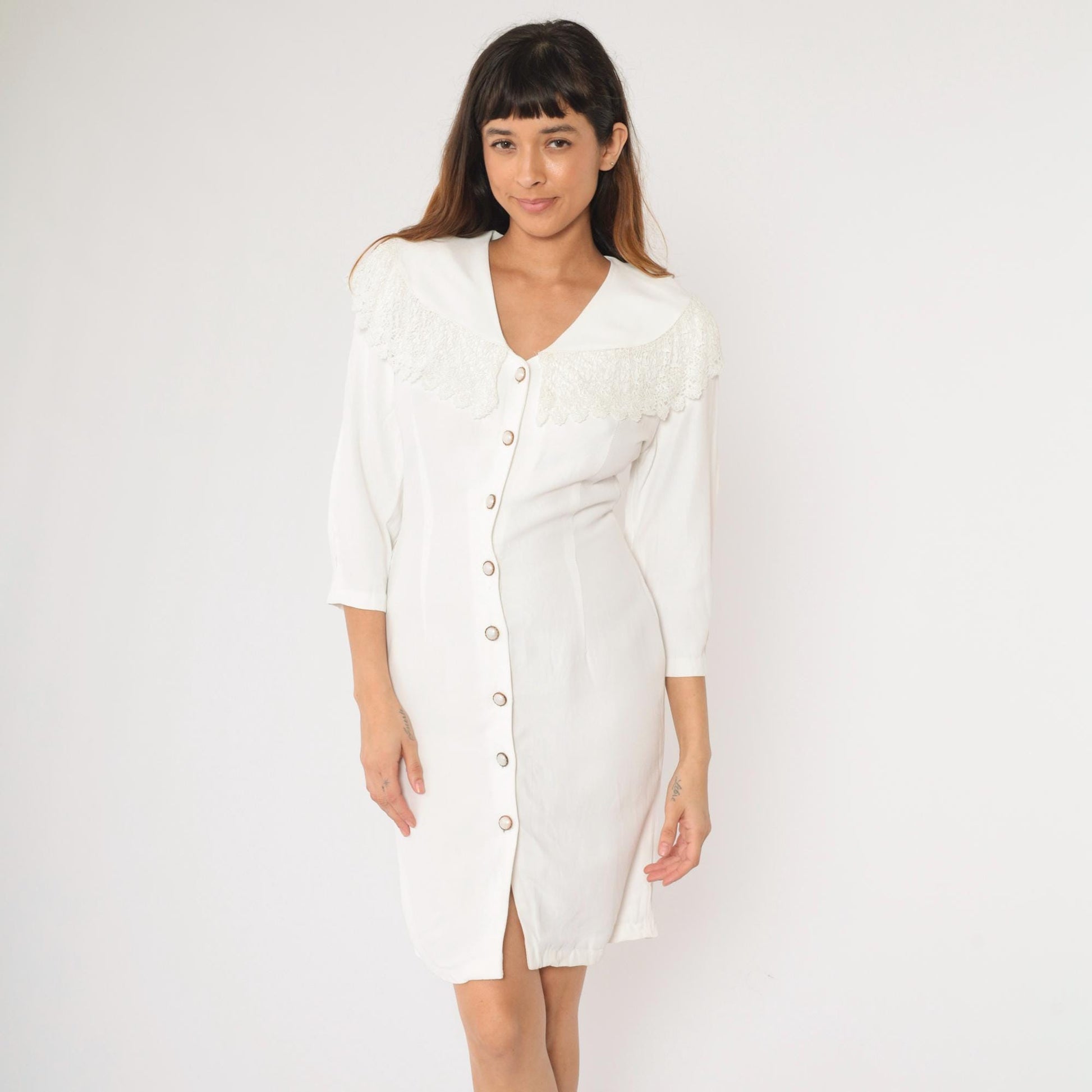 90s White Mini Dress Lace Collar Button-Up Sheath 3/4 Sleeve Medium