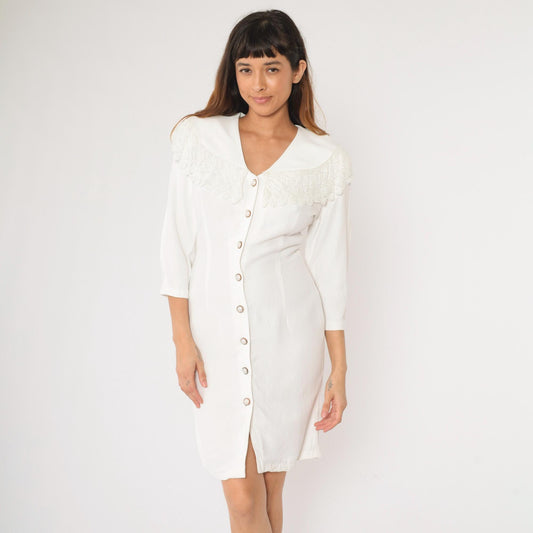 90s White Mini Dress Lace Collar Button-Up Sheath 3/4 Sleeve Medium