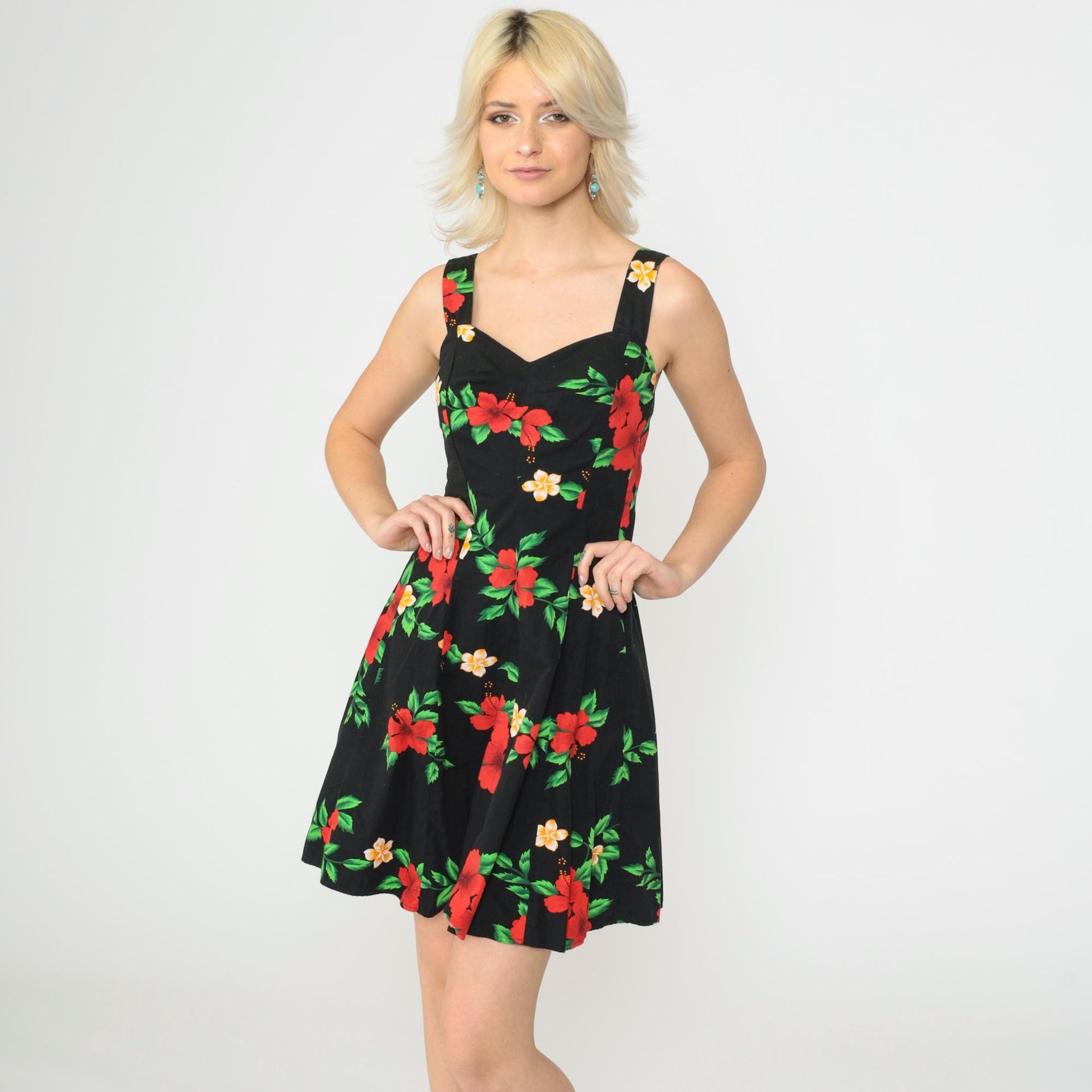 90s Hawaiian Floral Mini Dress Black Sweetheart Smocked Sundress Small S