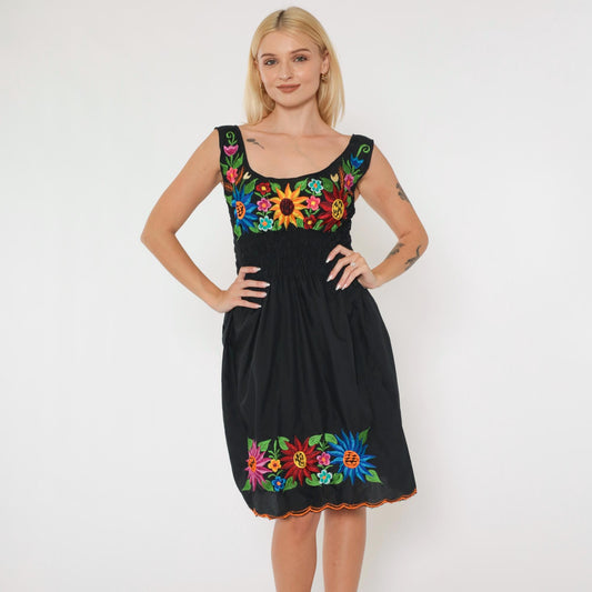 90s Black Floral Embroidered Smocked Mini Dress Sleeveless Small Medium