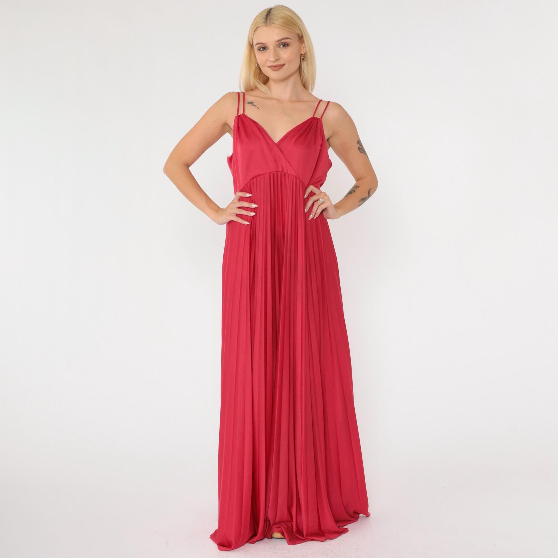 70s Raspberry Red Maxi Dress Deep V Neck Pleated Empire Waist Large