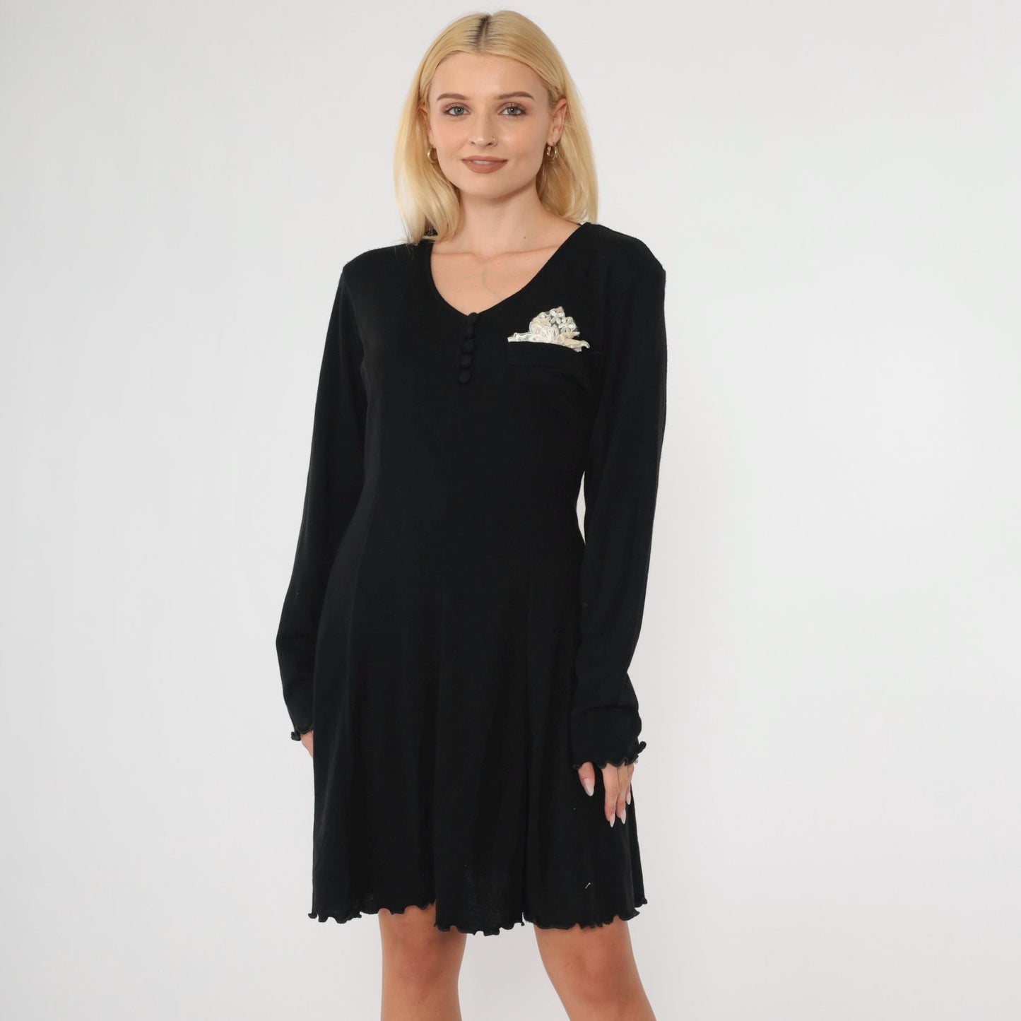 90s Black Shift Dress Lettuce Edge Mini Long Sleeve Lace Pocket Medium