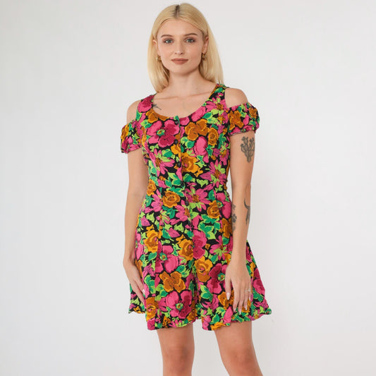 90s Floral Cold Shoulder Romper Wide Leg Playsuit Pink Green Small 5