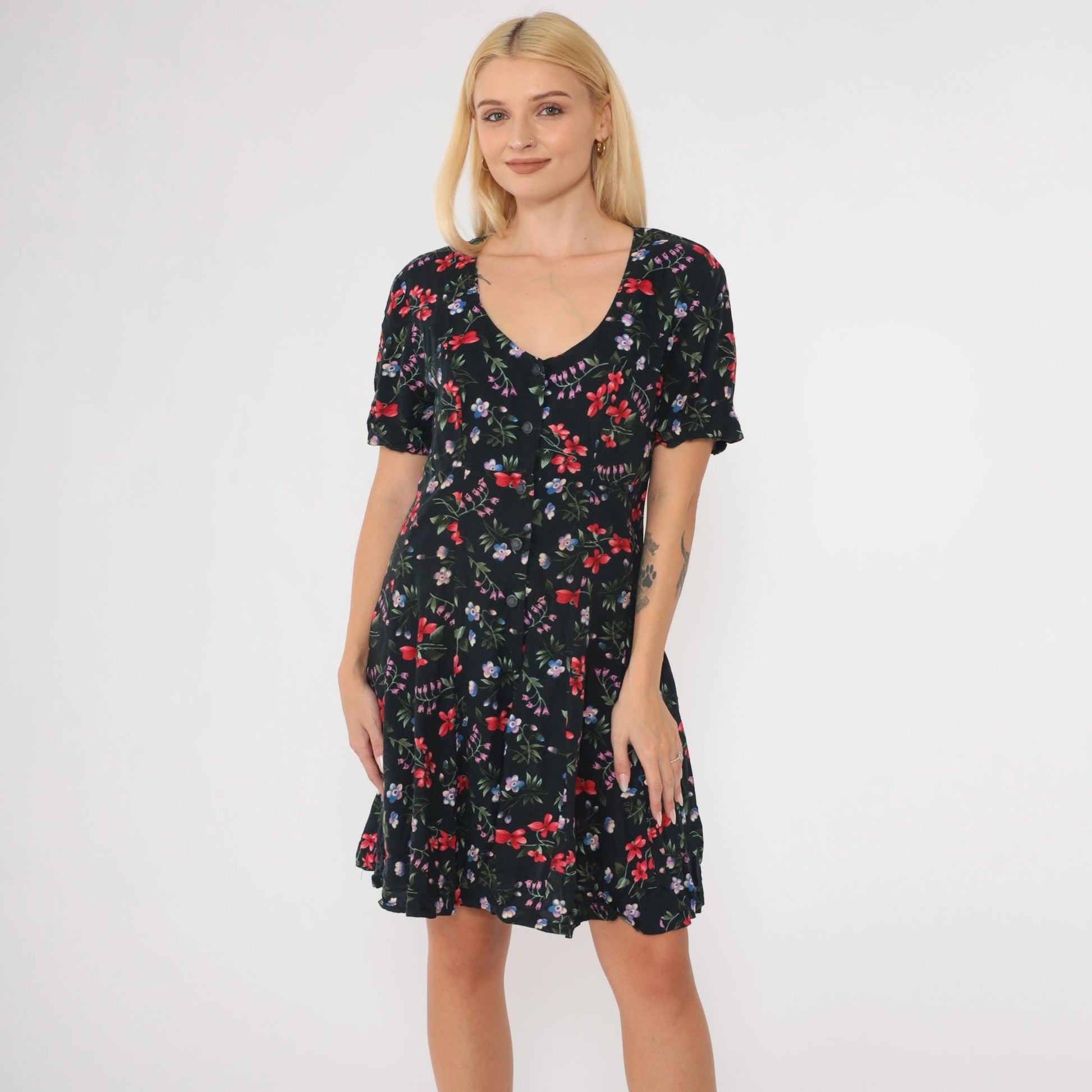 90s Black Floral Rayon Romper Wide Leg Scoop Neck Button Up Medium
