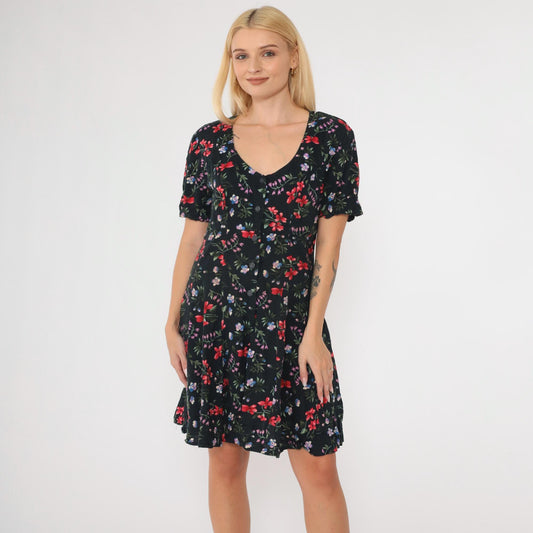 90s Black Floral Rayon Romper Wide Leg Scoop Neck Button Up Medium