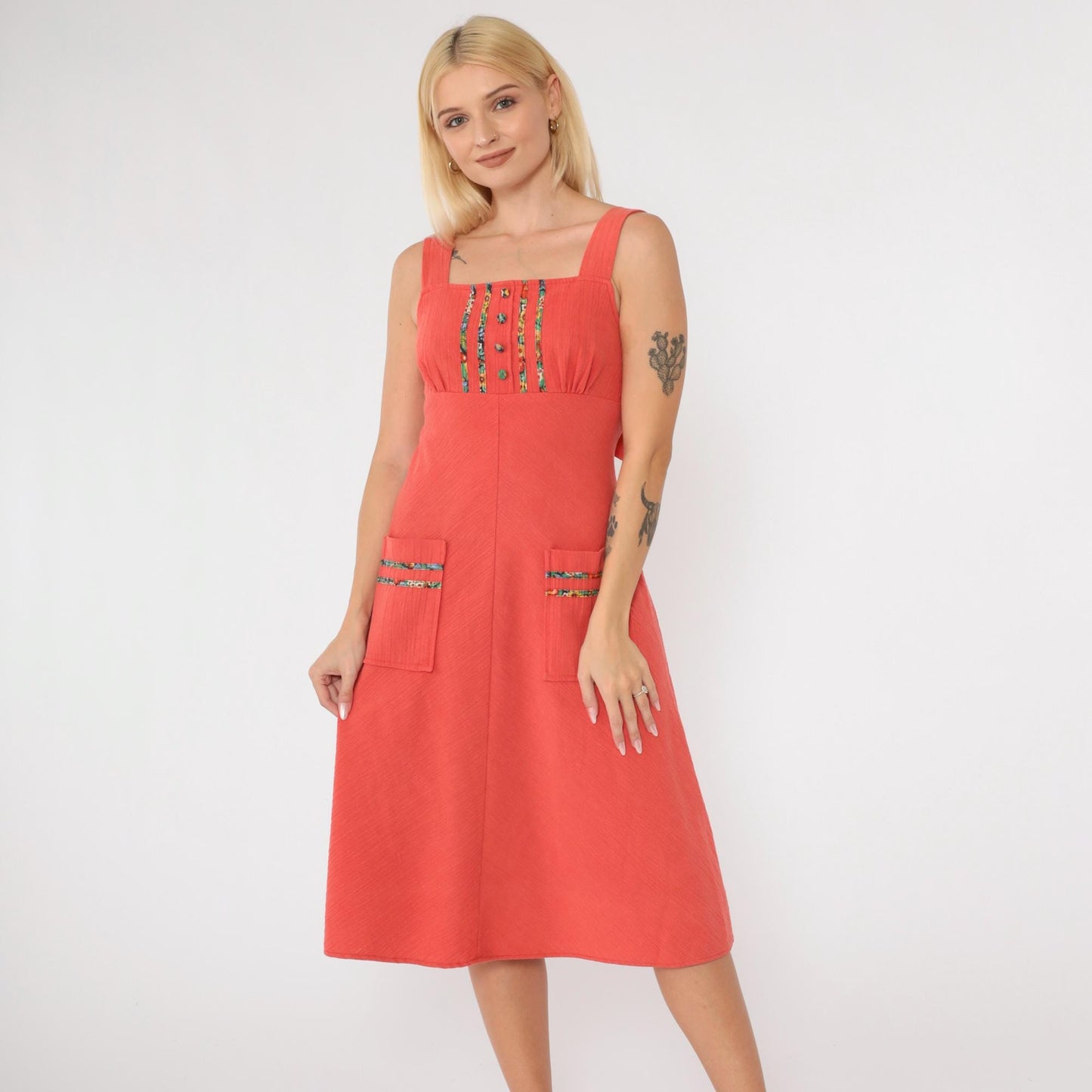 70s Coral Floral Empire Waist Midi Dress Sleeveless Cotton Blend Extra Small