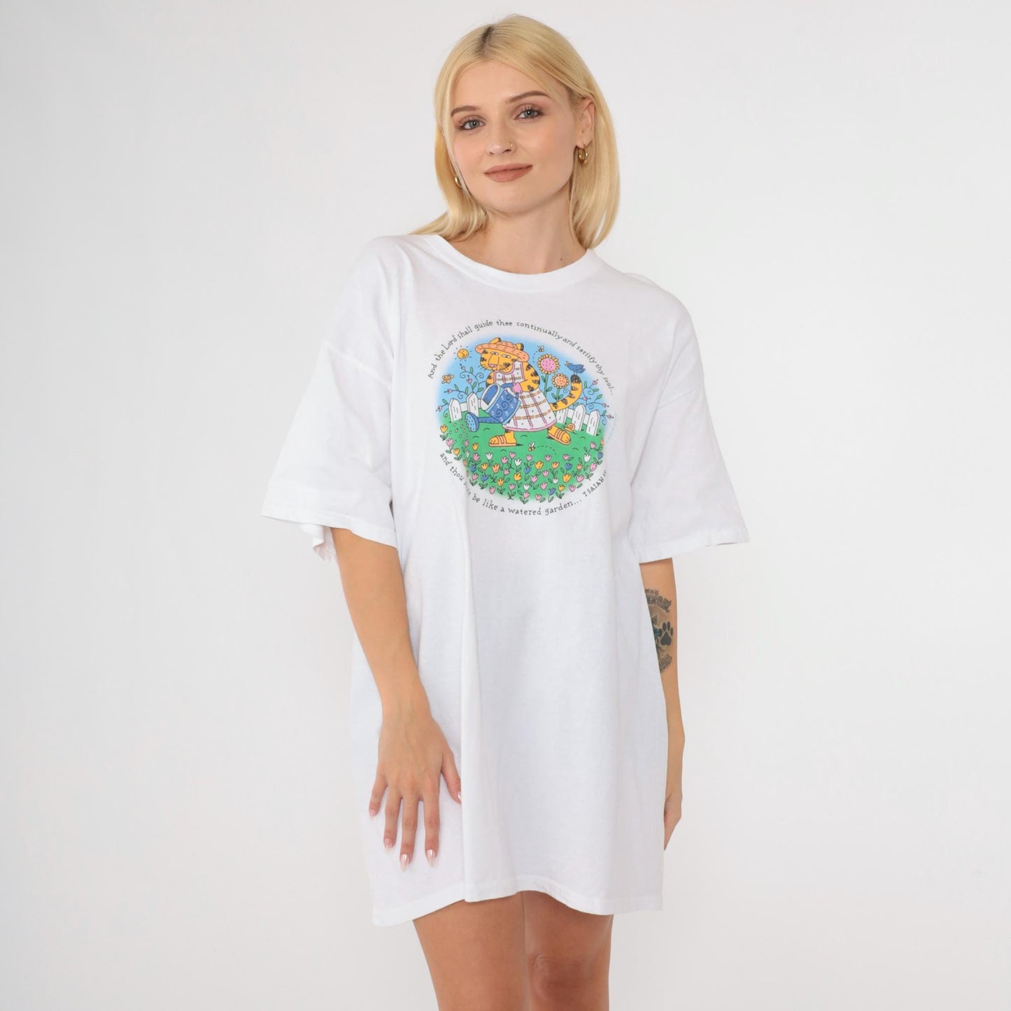 90s Christian T-Shirt Cat Watering Flowers Isaiah 58:11 Graphic Tee Extra Large XL