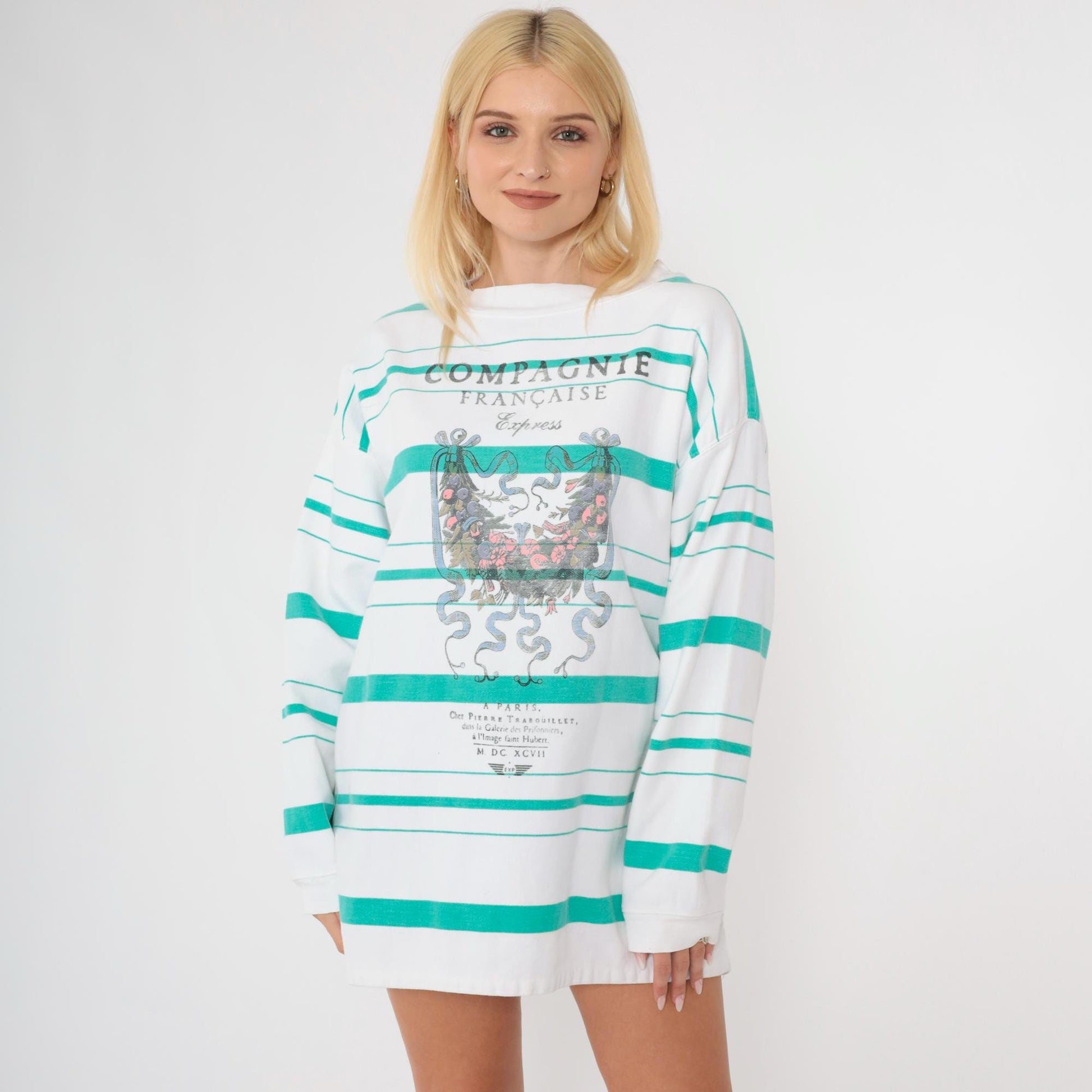 90s Compagnie Française Striped Graphic Shirt Teal White Long Sleeve Medium