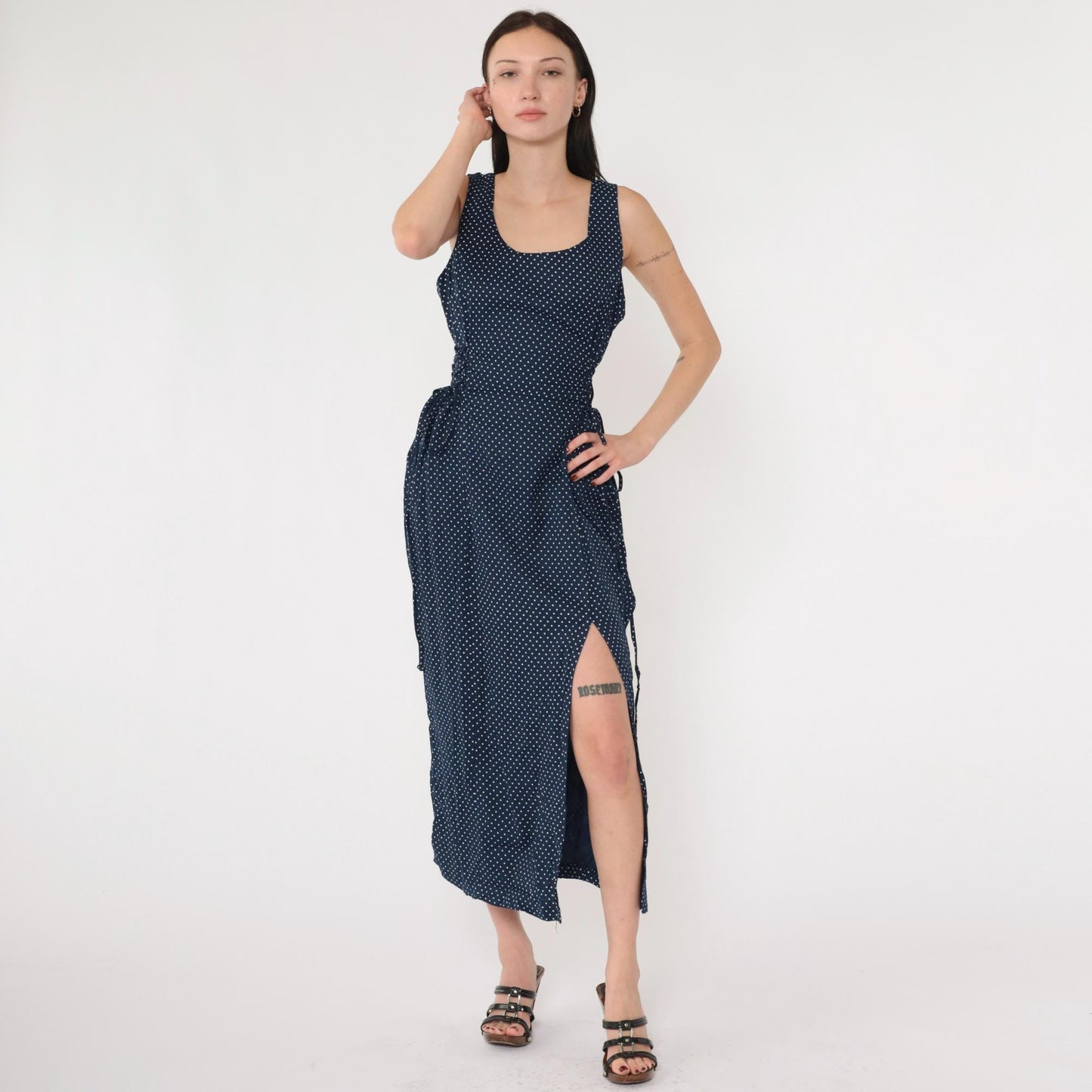 90s Navy Polka Dot Maxi Dress Sleeveless Scoop Neck Tie Waist Medium