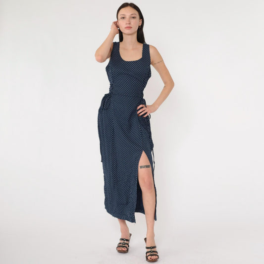 90s Navy Polka Dot Maxi Dress Sleeveless Scoop Neck Tie Waist Medium