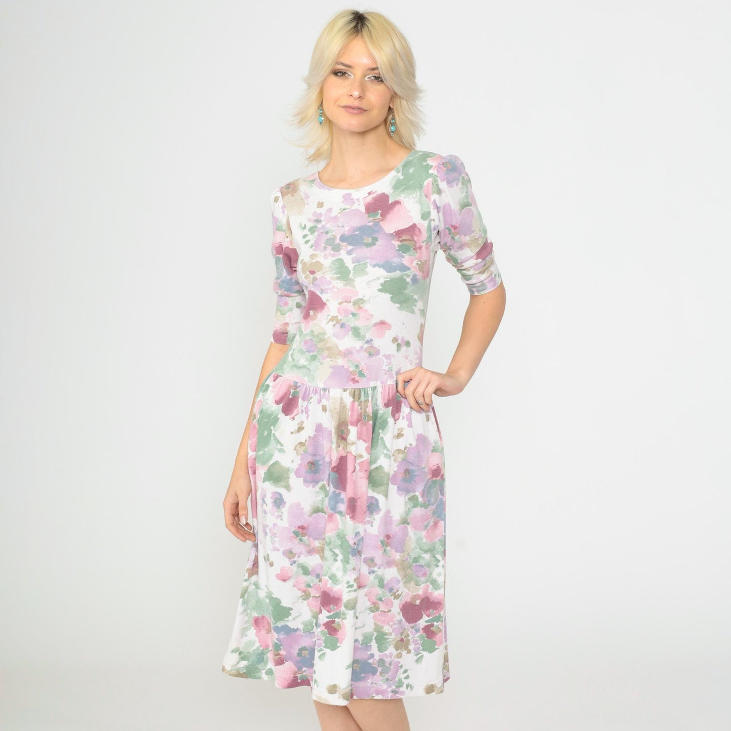 80s Floral Midi Dress Puff Sleeve Drop Waist Watercolor Print White Small
