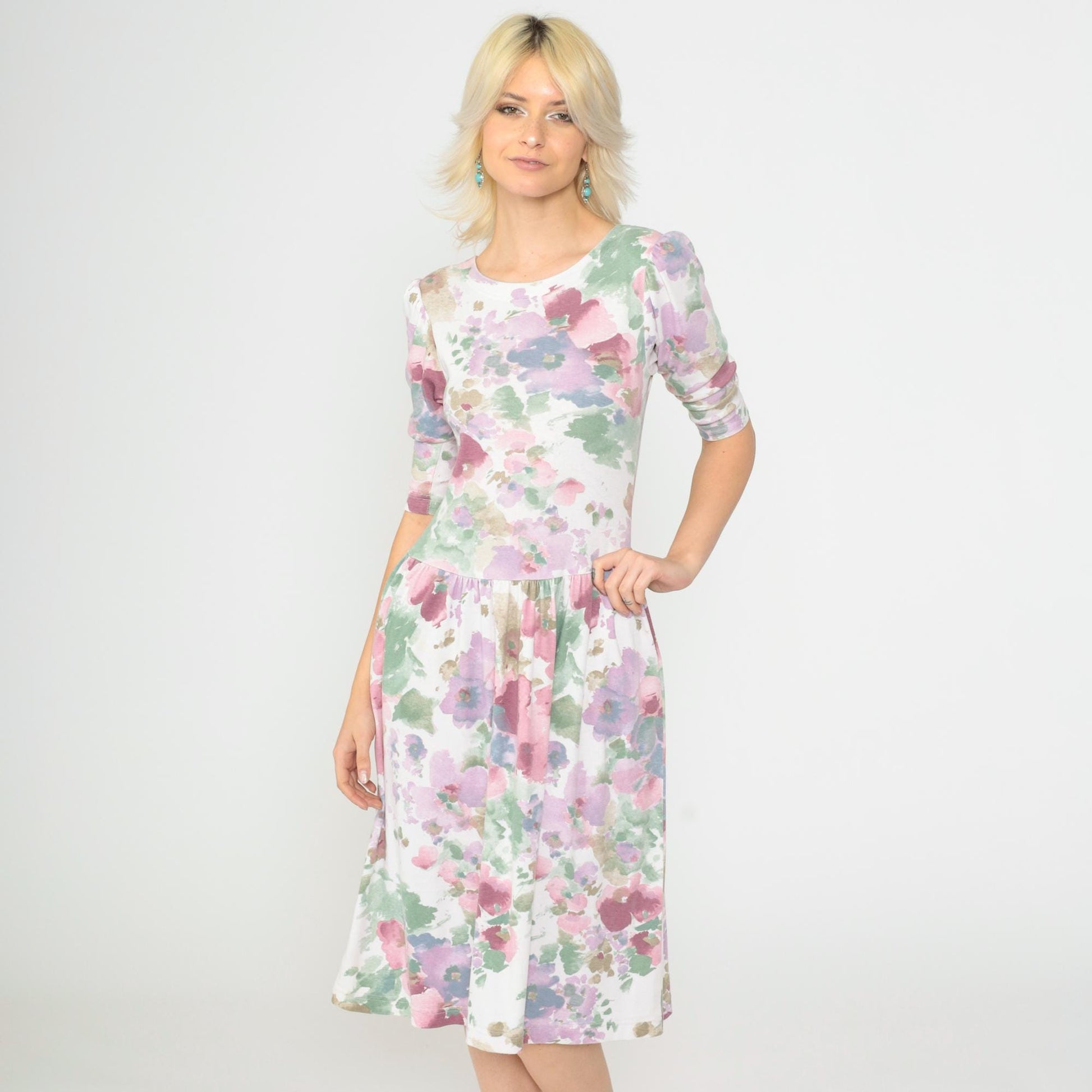 80s Floral Midi Dress Puff Sleeve Drop Waist Watercolor Print White Small