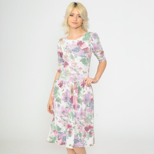 80s Floral Midi Dress Puff Sleeve Drop Waist Watercolor Print White Small