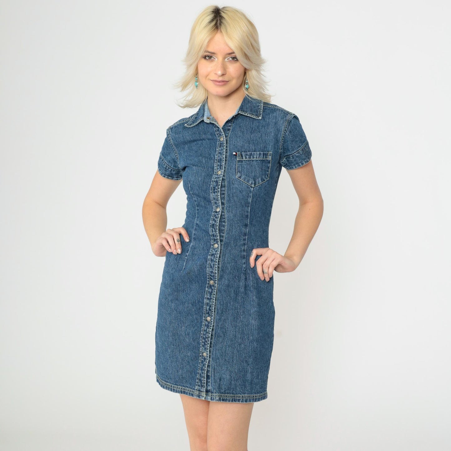90s Tommy Hilfiger Blue Denim Mini Dress Button-Up Short Sleeve Extra Small