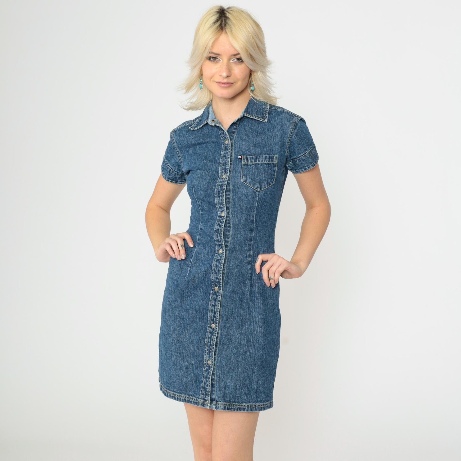90s Tommy Hilfiger Blue Denim Mini Dress Button-Up Short Sleeve Extra Small