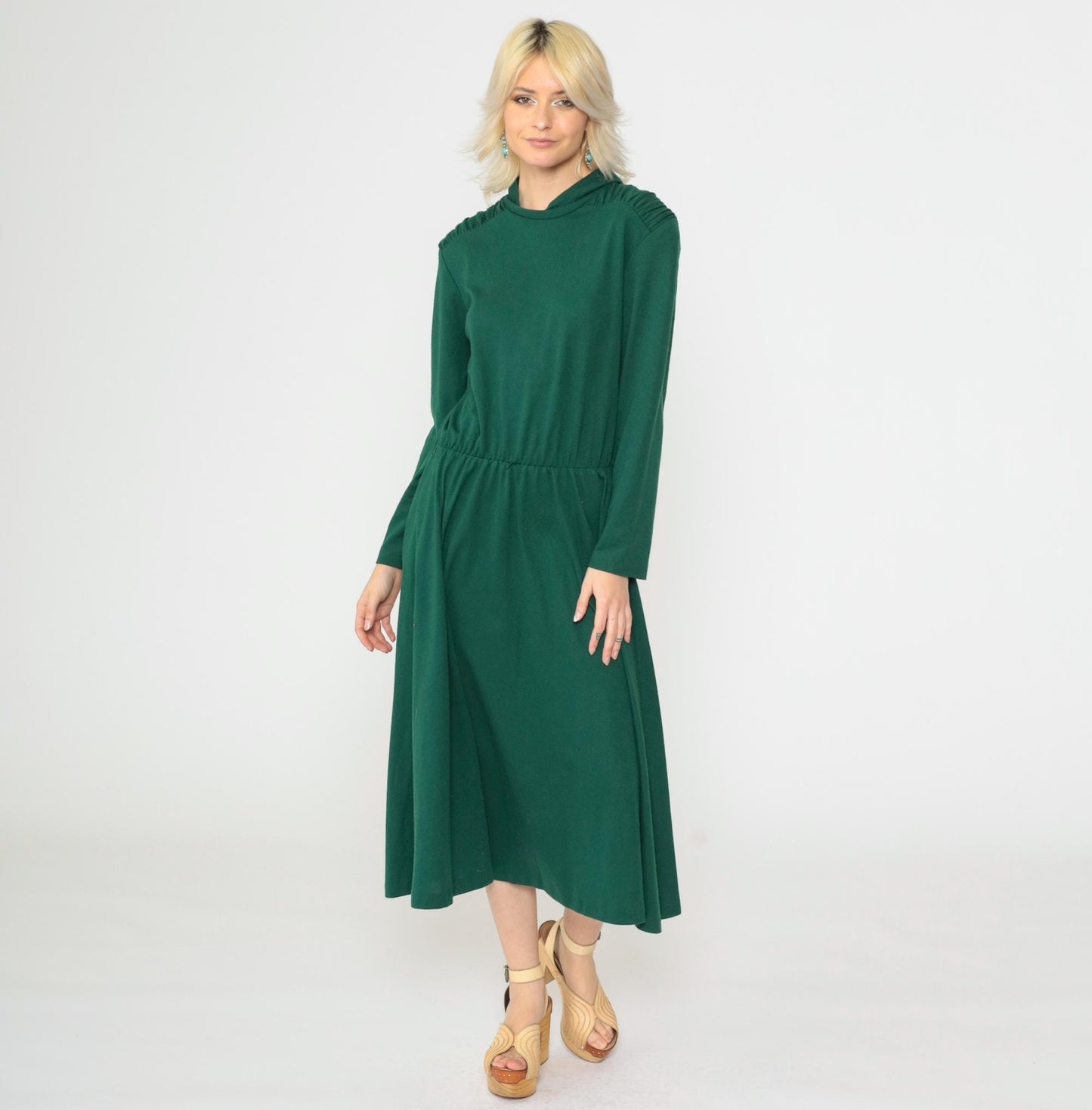 80s Green Midi Dress Mock Neck Long Sleeve Elastic Waist Medium