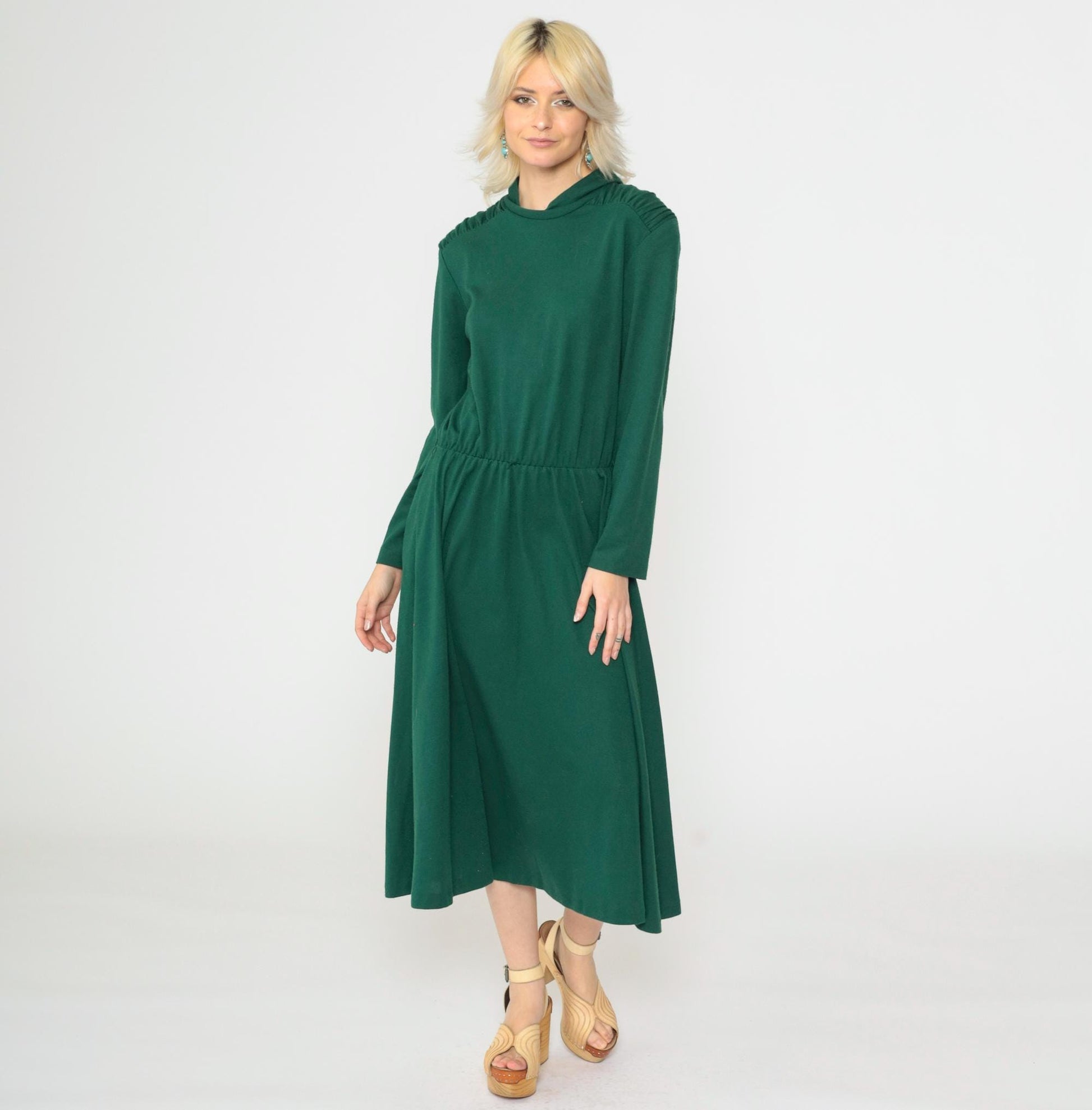 80s Green Midi Dress Mock Neck Long Sleeve Elastic Waist Medium