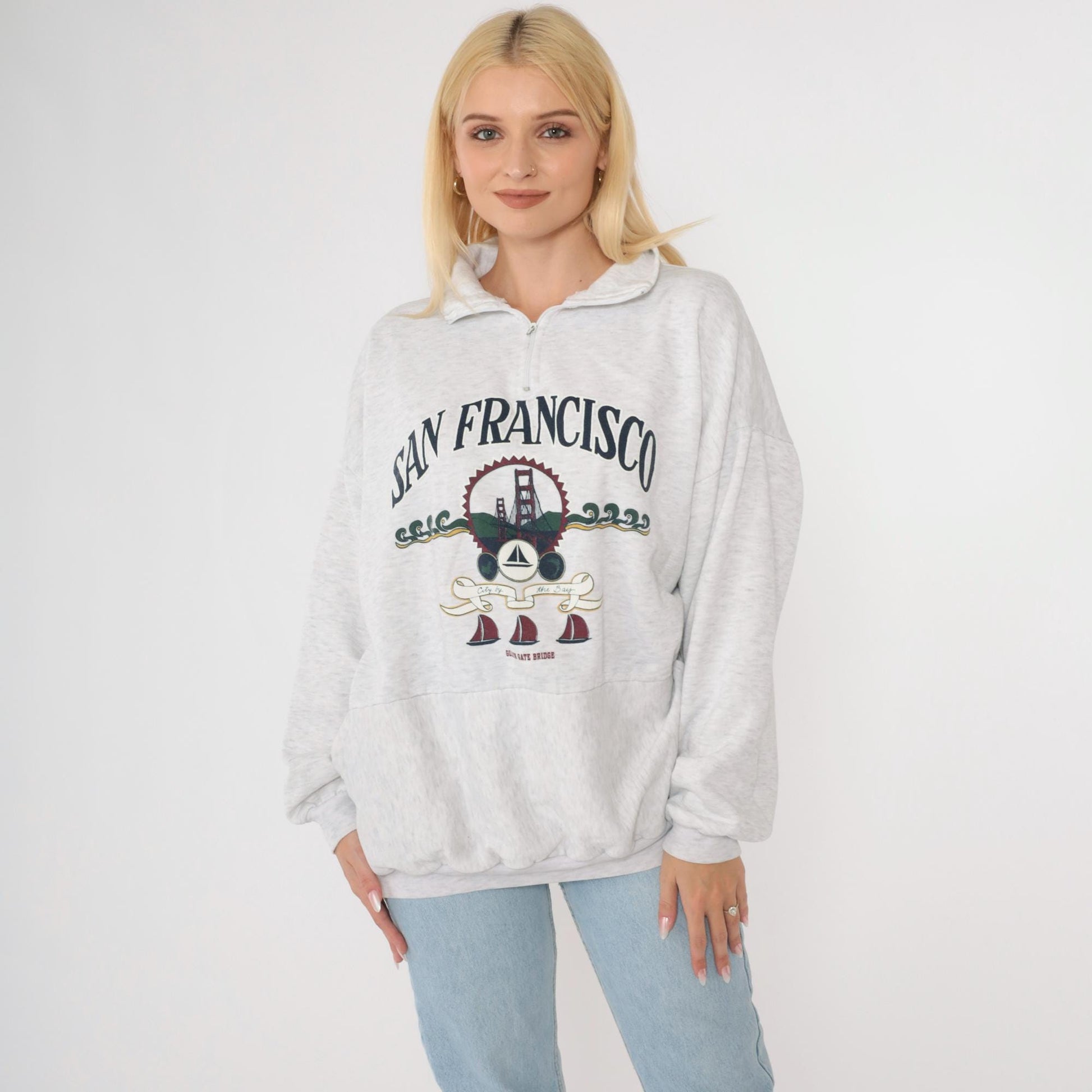 90s San Francisco Golden Gate Bridge Quarter Zip Sweatshirt Heather Grey Plus Size XXL