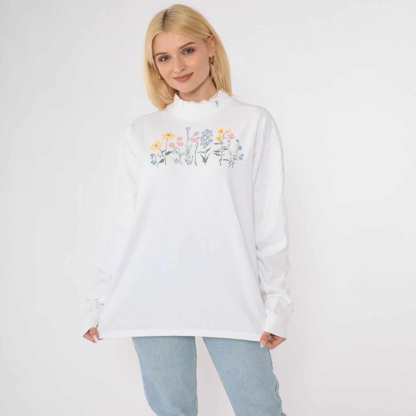 Y2K Wildflower Graphic Mock Neck Long Sleeve Tee White Cotton Large L