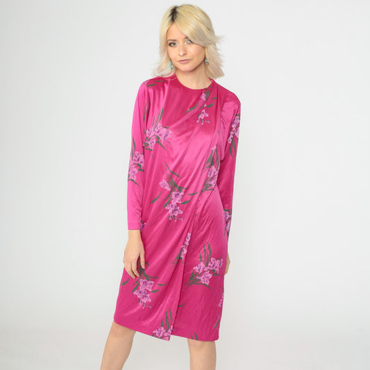 70s Floral Shift Dress Bright Pink Tropical Print Long Sleeve Midi Medium