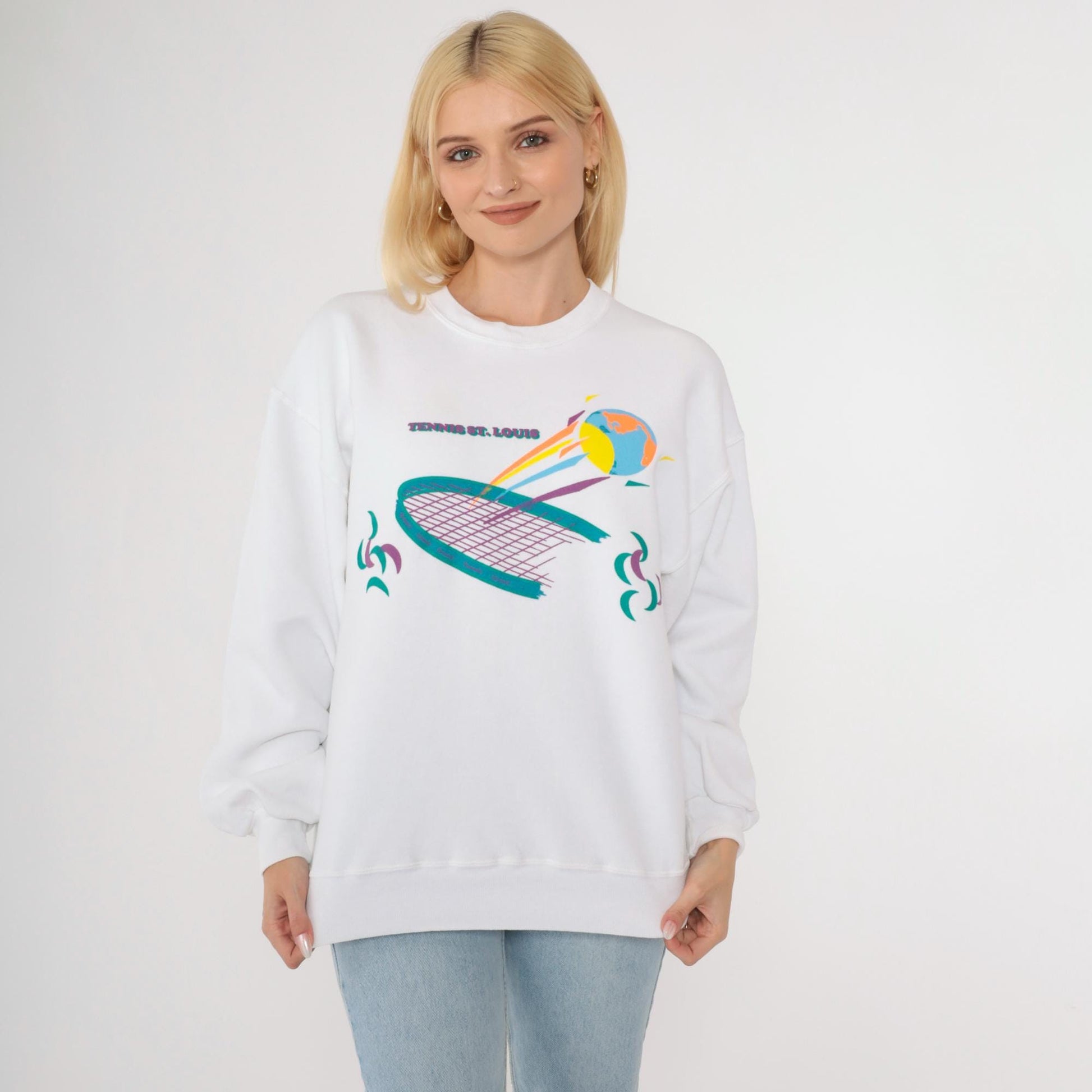 90s Jerzees Tennis St. Louis Graphic Sweatshirt White Crewneck Large