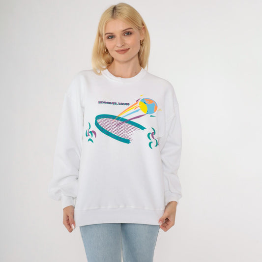 90s Jerzees Tennis St. Louis Graphic Sweatshirt White Crewneck Large