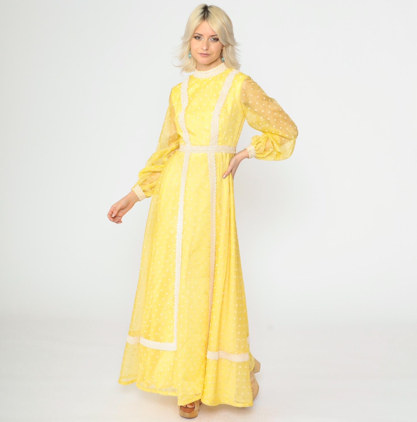70s Yellow Polka Dot Organza Maxi Dress Balloon Sleeve Lace Trim Extra Small