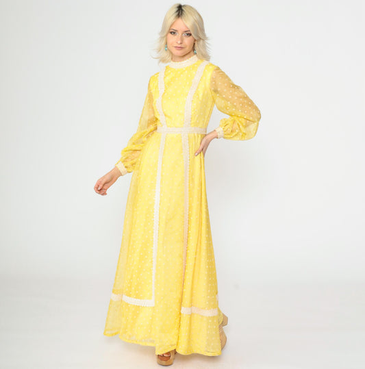 70s Yellow Polka Dot Organza Maxi Dress Balloon Sleeve Lace Trim Extra Small
