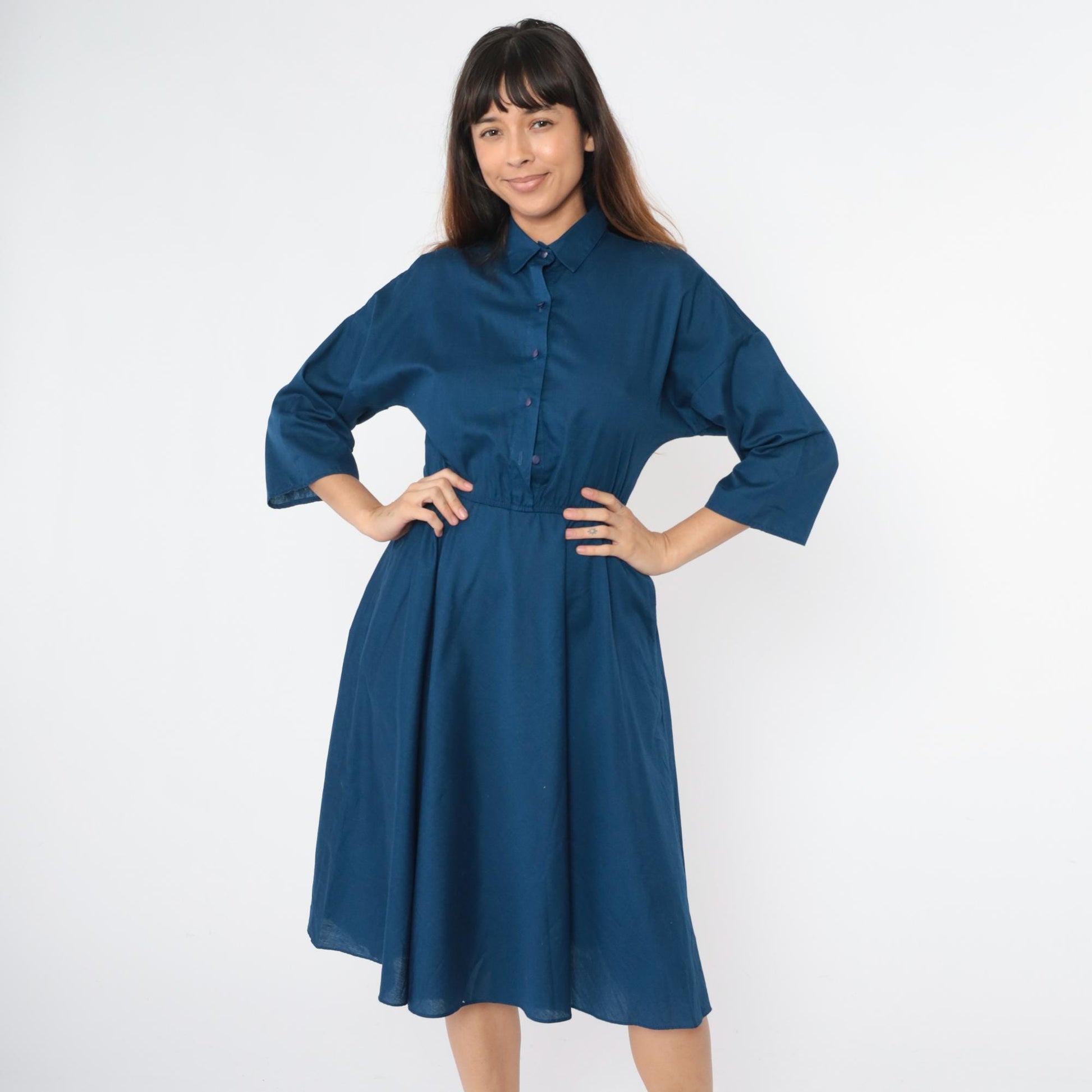 80s The American Shirt Dress Navy Blue Button-Up Midi Collared Small Medium