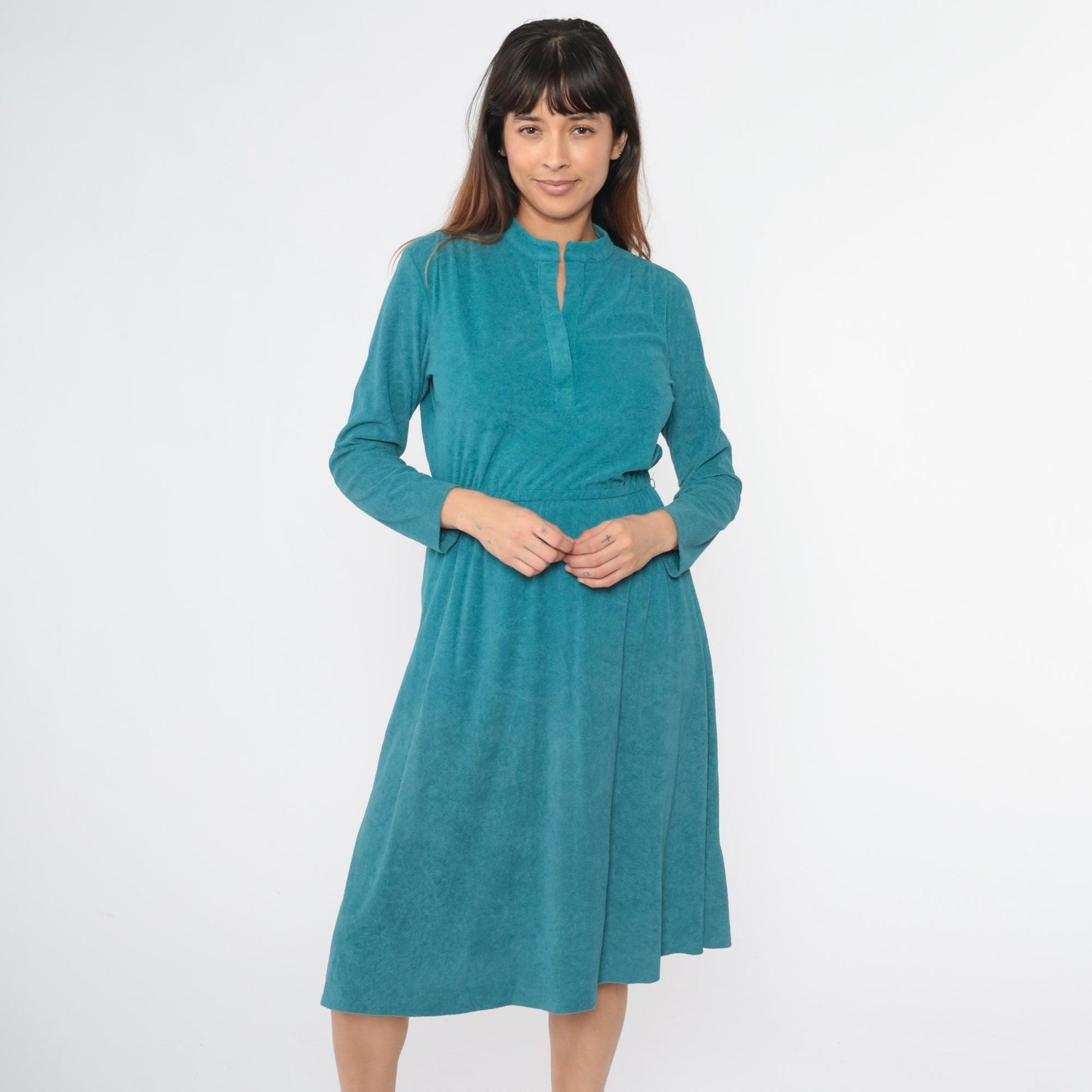 80s Teal Terry Cloth Midi Dress Mandarin Collar High Waist Long Sleeve Small