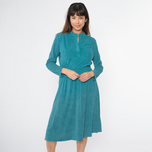 80s Teal Terry Cloth Midi Dress Mandarin Collar High Waist Long Sleeve Small