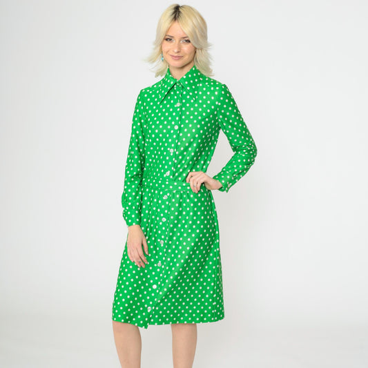 70s Green Polka Dot Shirtdress Midi Button-Up Dagger Collar Small S
