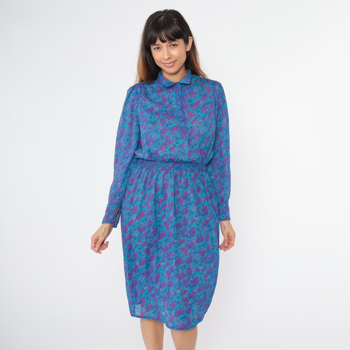 80s Abstract Leaf Print Midi Dress Puff Sleeve Button Up Turquoise Small