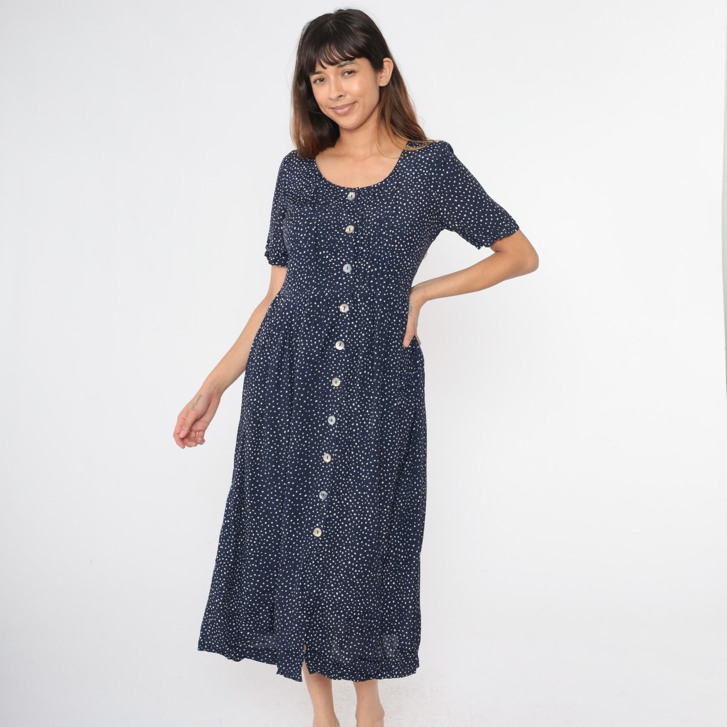 90s Karin Stevens Navy Polka Dot Midi Dress Button Up High Waist Medium 8