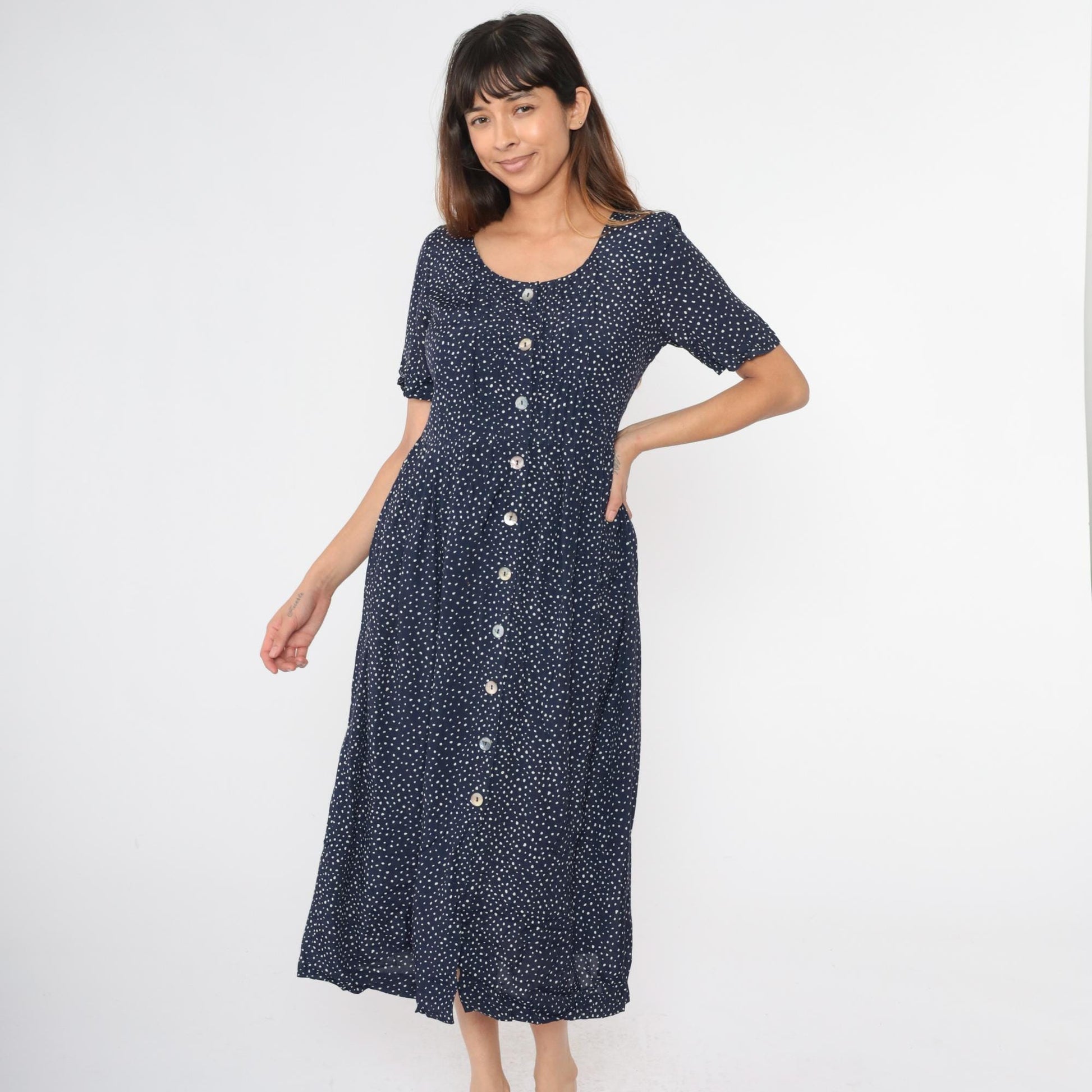 90s Karin Stevens Navy Polka Dot Midi Dress Button Up High Waist Medium 8